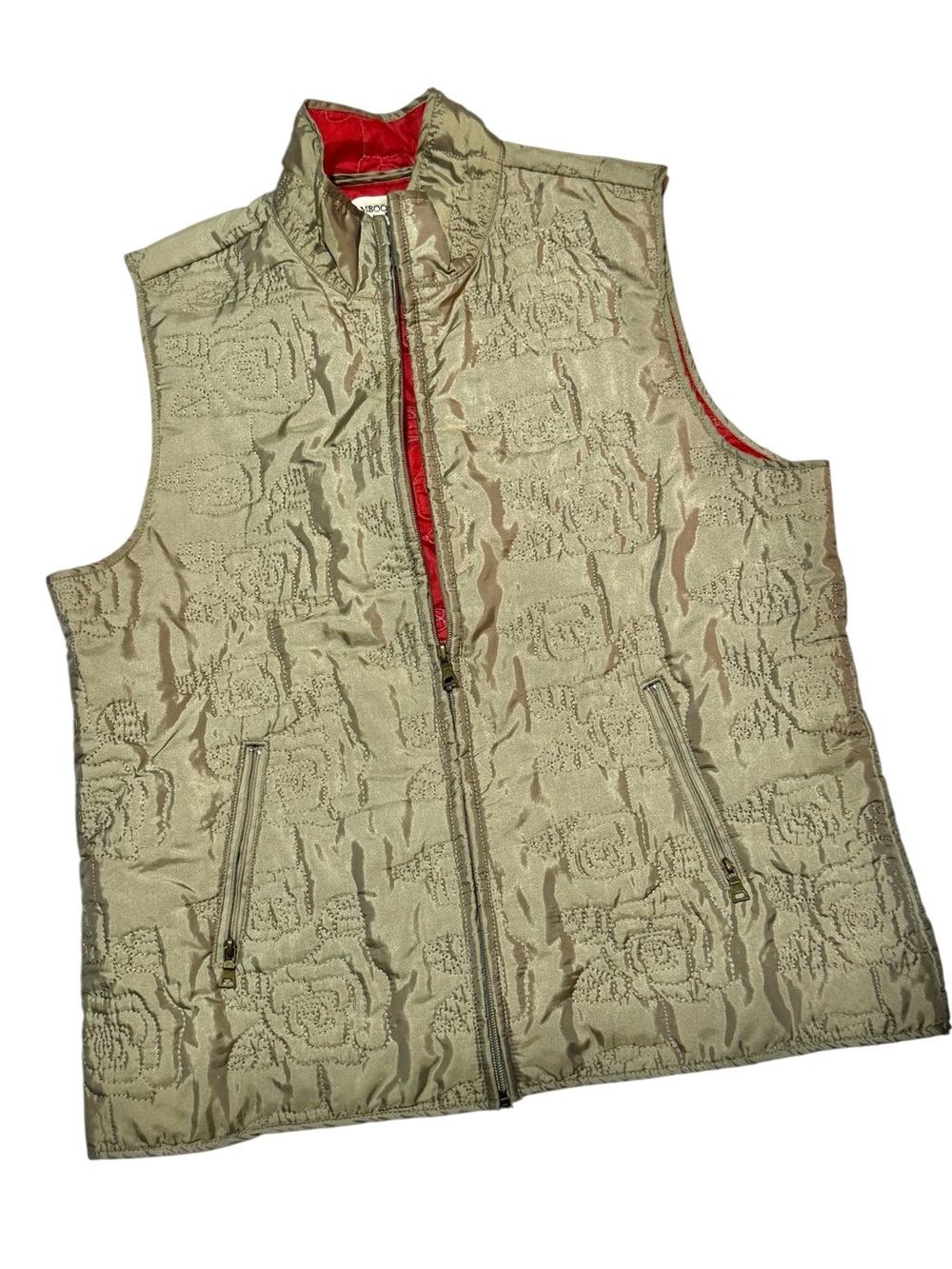 BAMBOO TRADERS Quilted Golden Beige Roses Jacquard Vest/Red Trim Women vest Sz.M
